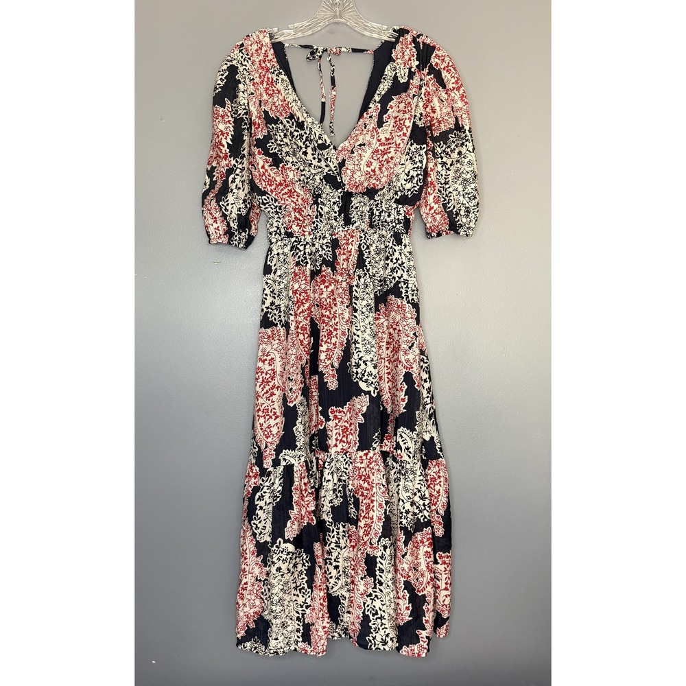 Audrey Parks Francescas Dress M Navy Red Floral Midi Puff Sleeve Tiered Boho